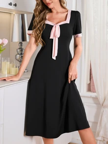 Côtesoire Elegant Color Block Knit Casual Dress, Women Home Wear - Black - View 7