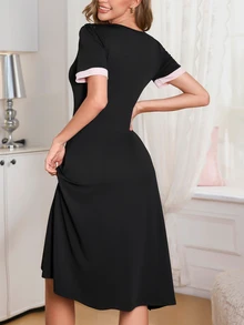 Côtesoire Elegant Color Block Knit Casual Dress, Women Home Wear - Black - View 8