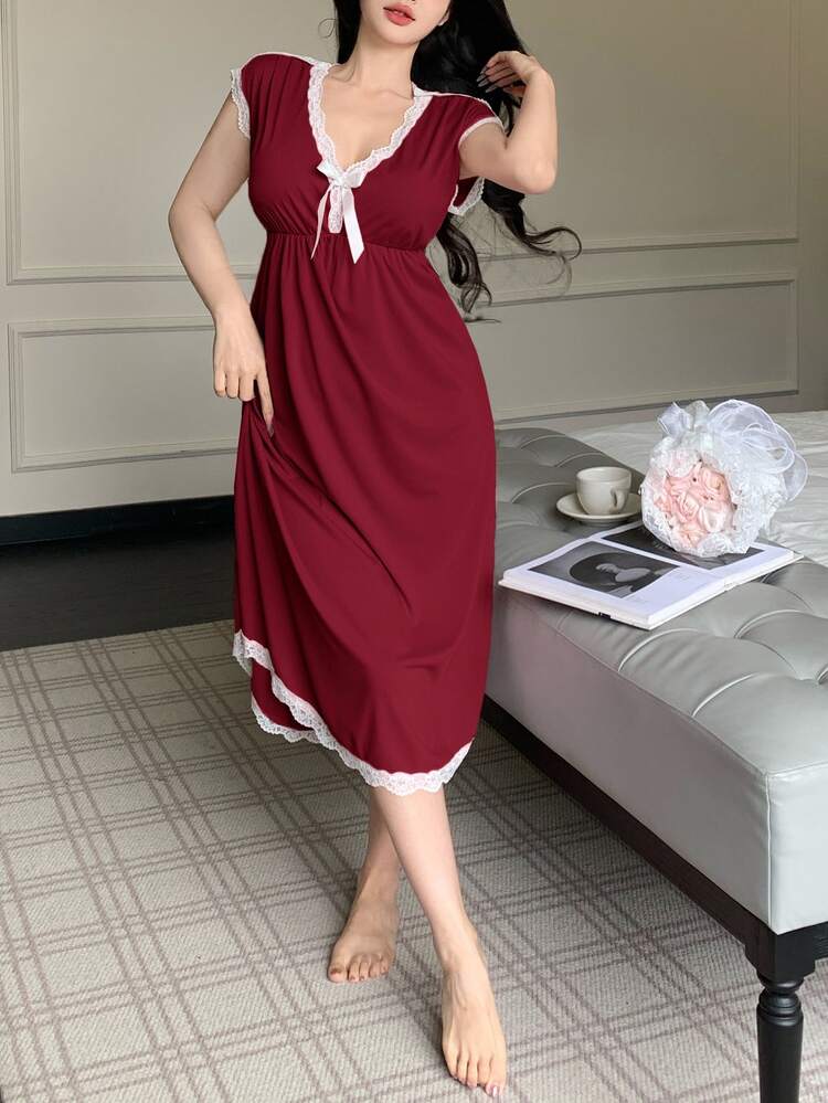 Côtesoire Women's Deep V-Neck Bowknot Nightgown, Fashionable For Summer - Burgundy - View 7