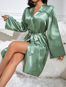 优雅刺绣系带女士睡袍，春夏奢华家居服，舒适优雅细节，秋冬皆宜。 - 薄荷綠 - 查看 2