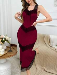 Côtesoire Form-Fitting, Elegant Lace Patchwork Mermaid Nightgown For Women Burgundy Dress - Burgundy - View 4