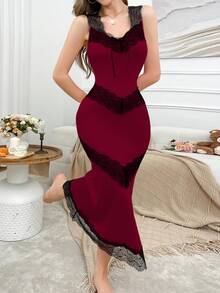 Côtesoire Form-Fitting, Elegant Lace Patchwork Mermaid Nightgown For Women Burgundy Dress - Burgundy - View 5