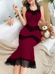 Côtesoire Form-Fitting, Elegant Lace Patchwork Mermaid Nightgown For Women Burgundy Dress - Burgundy - View 8