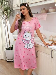 SweetSlumber Women's Cute Cat & Polka Dot Letter Print Nightgown, Moo Moo - Multicolor - View 6