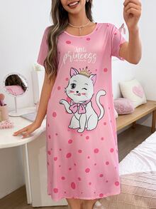 SweetSlumber Women's Cute Cat & Polka Dot Letter Print Nightgown, Moo Moo - Multicolor - View 1