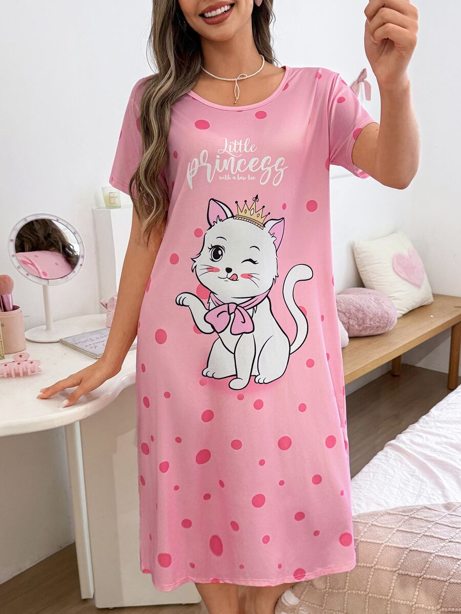 SweetSlumber Women's Cute Cat & Polka Dot Letter Print Nightgown, Moo Moo - Multicolor - View 1
