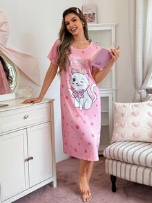 SweetSlumber Women's Cute Cat & Polka Dot Letter Print Nightgown, Moo Moo - Multicolor - View 5
