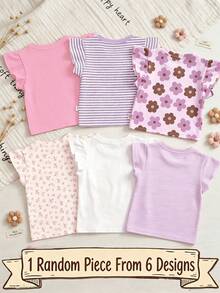 SHEIN Random 1 Pc Baby Girl Sweet Cute Fruit Floral Heart Pattern Printed Flutter Sleeve Top, Suitable For Summer Casual Minimalist Daily Wear - Pink - View 2
