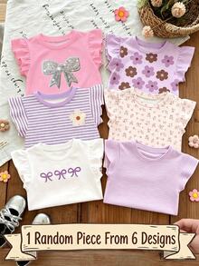 SHEIN Random 1 Pc Baby Girl Sweet Cute Fruit Floral Heart Pattern Printed Flutter Sleeve Top, Suitable For Summer Casual Minimalist Daily Wear - Pink - View 1