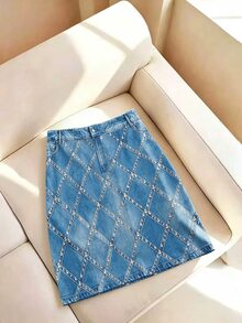 SHEIN LUNE CURVE Plus Size Women's Summer Blue & Gold Evening Mini Skirt, Optical Illusion Rhinestone Embellished Diamond Pattern Print Rock Style Skirt Fall - Blue - View 8