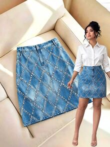 SHEIN LUNE CURVE Plus Size Women's Summer Blue & Gold Evening Mini Skirt, Optical Illusion Rhinestone Embellished Diamond Pattern Print Rock Style Skirt Fall - Blue - View 1