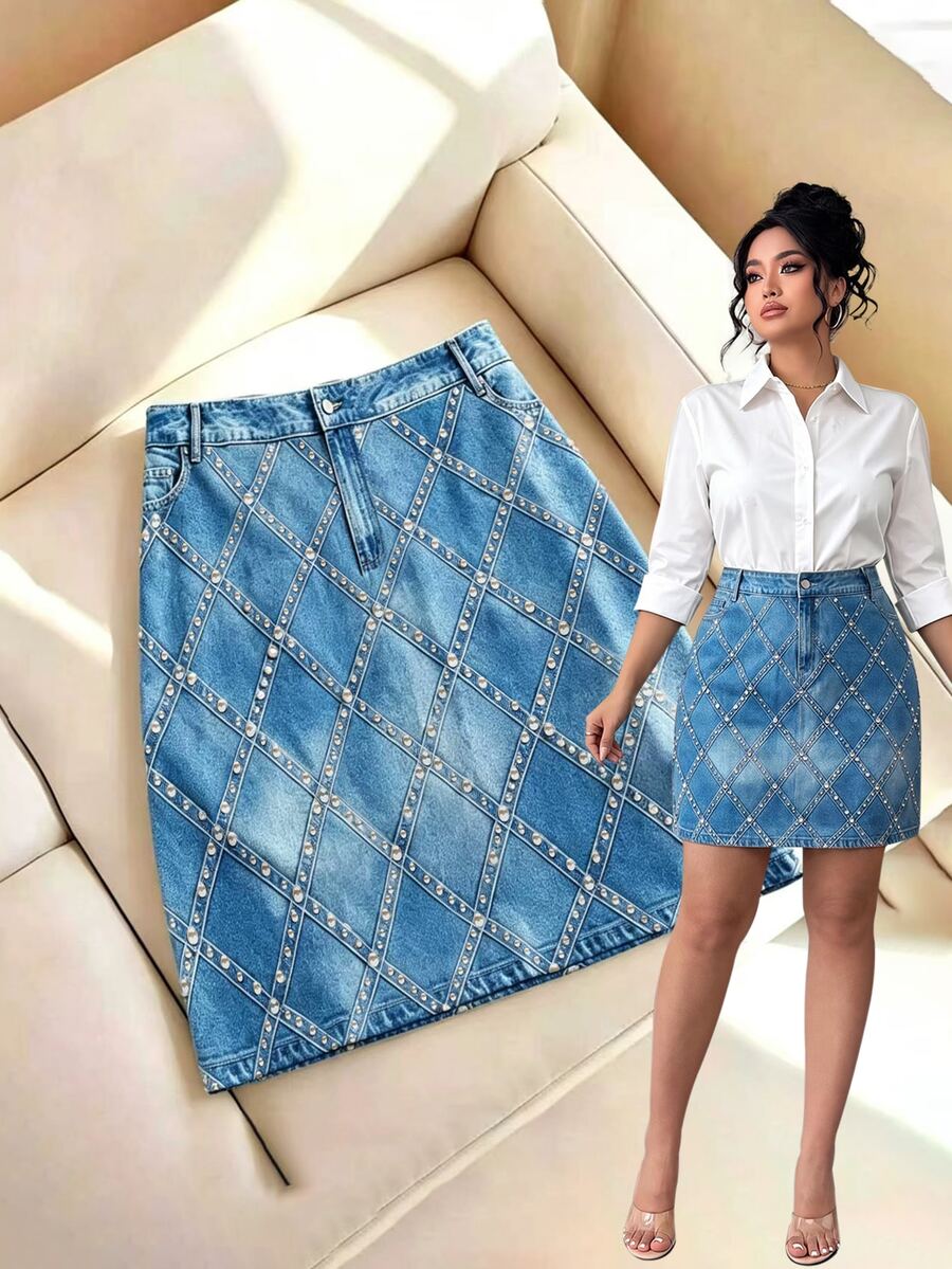 SHEIN LUNE CURVE Plus Size Women's Summer Blue & Gold Evening Mini Skirt, Optical Illusion Rhinestone Embellished Diamond Pattern Print Rock Style Skirt Fall - Blue - View 1