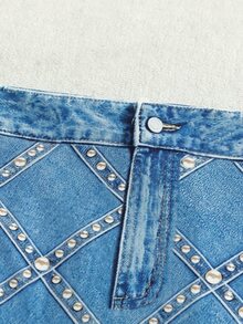 SHEIN LUNE CURVE Plus Size Women's Summer Blue & Gold Evening Mini Skirt, Optical Illusion Rhinestone Embellished Diamond Pattern Print Rock Style Skirt Fall - Blue - View 7
