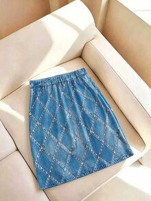 SHEIN LUNE CURVE Plus Size Women's Summer Blue & Gold Evening Mini Skirt, Optical Illusion Rhinestone Embellished Diamond Pattern Print Rock Style Skirt Fall - Blue - View 2