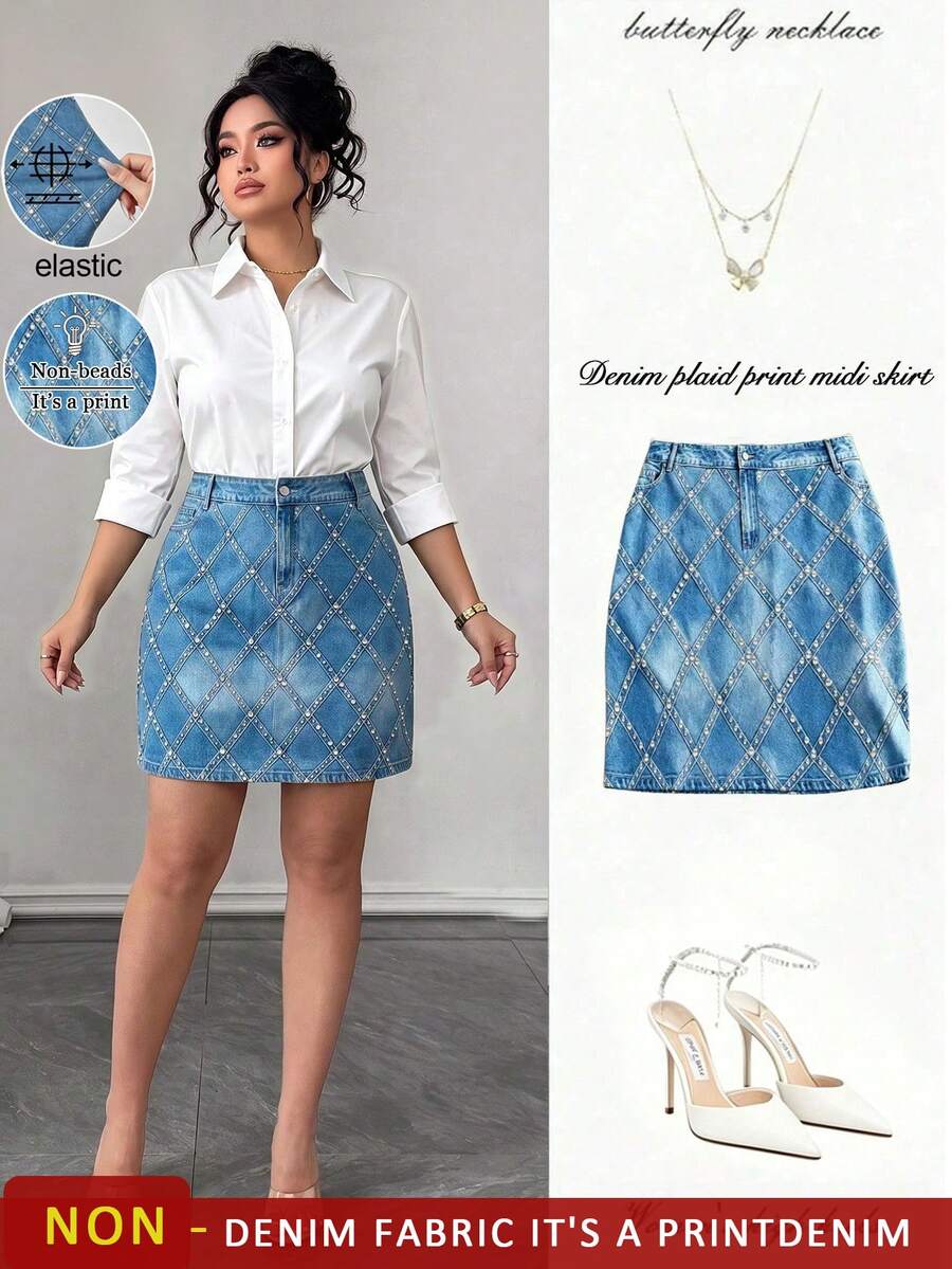 SHEIN LUNE CURVE Plus Size Women's Summer Blue & Gold Evening Mini Skirt, Optical Illusion Rhinestone Embellished Diamond Pattern Print Rock Style Skirt Fall - Blue - View 1