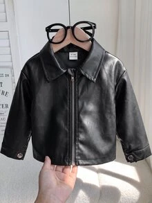 Babygirl Versatile Casual Black PU Long Sleeve Autumn Winter Jacket - Black - View 7