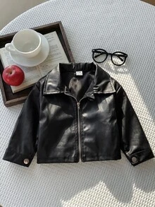 Babygirl Versatile Casual Black PU Long Sleeve Autumn Winter Jacket - Black - View 5