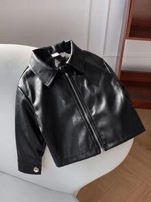 Babygirl Versatile Casual Black PU Long Sleeve Autumn Winter Jacket - Black - View 6