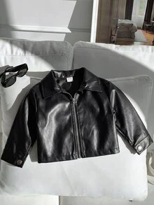 Babygirl Versatile Casual Black PU Long Sleeve Autumn Winter Jacket - Black - View 4