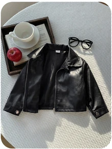 Babygirl Versatile Casual Black PU Long Sleeve Autumn Winter Jacket - Black - View 9