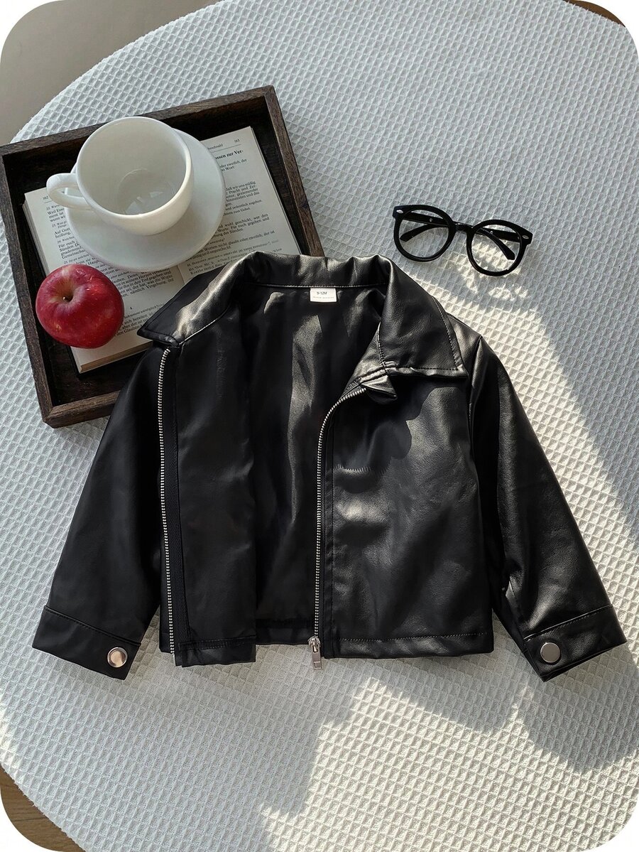 Babygirl Versatile Casual Black PU Long Sleeve Autumn Winter Jacket - Black - View 1