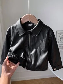 Babygirl Versatile Casual Black PU Long Sleeve Autumn Winter Jacket - Black - View 8