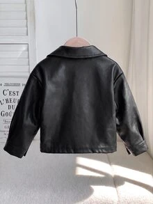 Babygirl Versatile Casual Black PU Long Sleeve Autumn Winter Jacket - Black - View 2