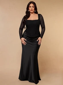 SHEIN BAE CURVE 大尺碼女款素色百褶優雅收腰派對洋裝 秋季 - 黑色 - 查看 4