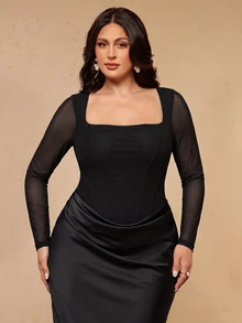 SHEIN BAE CURVE 大尺碼女款素色百褶優雅收腰派對洋裝 秋季 - 黑色 - 查看 6