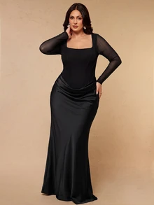 SHEIN BAE CURVE 大尺碼女款素色百褶優雅收腰派對洋裝 秋季 - 黑色 - 查看 5