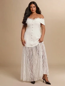 SHEIN BAE CURVE 大尺碼女款黑色露肩長洋裝，優雅洋裝 - 白色 - 查看 3