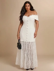 SHEIN BAE CURVE 大尺碼女款黑色露肩長洋裝，優雅洋裝 - 白色 - 查看 6