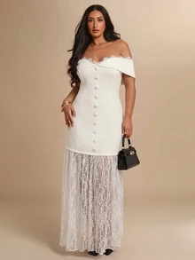 SHEIN BAE CURVE 大尺碼女款黑色露肩長洋裝，優雅洋裝 - 白色 - 查看 2