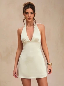 SHEIN BAE 春/夏款女款純色棕色深垂領掛脖性感垂領露背緞面迷你洋裝 - 杏色 - 查看 6