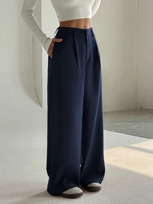Flirla Women's High-End Elegant Slim Fit Casual Wide Leg Pants Fall Cloth For Women - Navy Blue - View 3