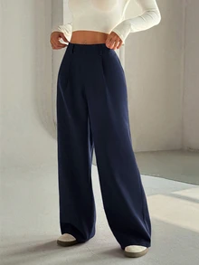 Flirla Women's High-End Elegant Slim Fit Casual Wide Leg Pants Fall Cloth For Women - Navy Blue - View 4