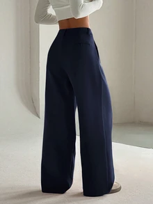 Flirla Women's High-End Elegant Slim Fit Casual Wide Leg Pants Fall Cloth For Women - Navy Blue - View 2