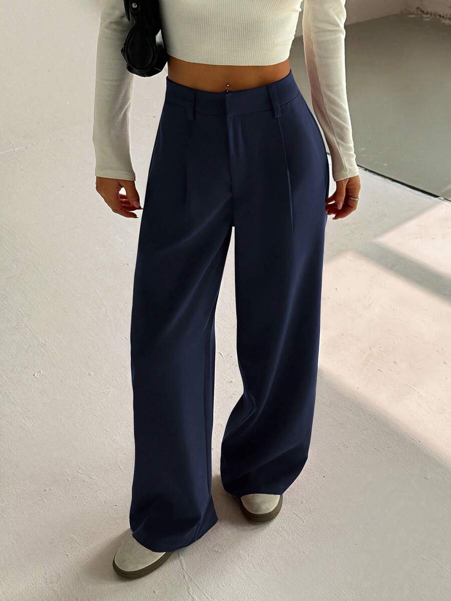 Flirla Women's High-End Elegant Slim Fit Casual Wide Leg Pants Fall Cloth For Women - Navy Blue - View 1