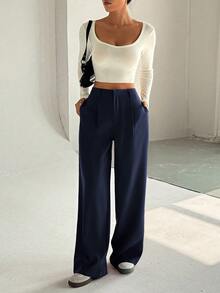 Flirla Women's High-End Elegant Slim Fit Casual Wide Leg Pants Fall Cloth For Women - Navy Blue - View 5