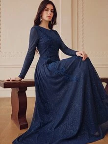 ZEYLAH 春夏亮片刺繡垂墜腰長袖洋裝 - 藏蓝色 - 查看 6
