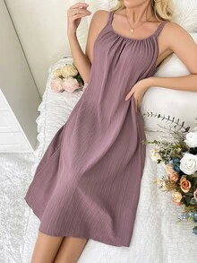 SHEIN Solid Color Women's Homewear Lounge Dress, Moo Moo - Dusty Pink - View 3