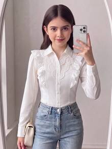 SHEIN Tween Girl Tween Girls White Casual Sweet Lace Patchwork Ruffle Trim Long Sleeve Blouse, Tween Girl Outfit, Back To School Outfit - White - View 1