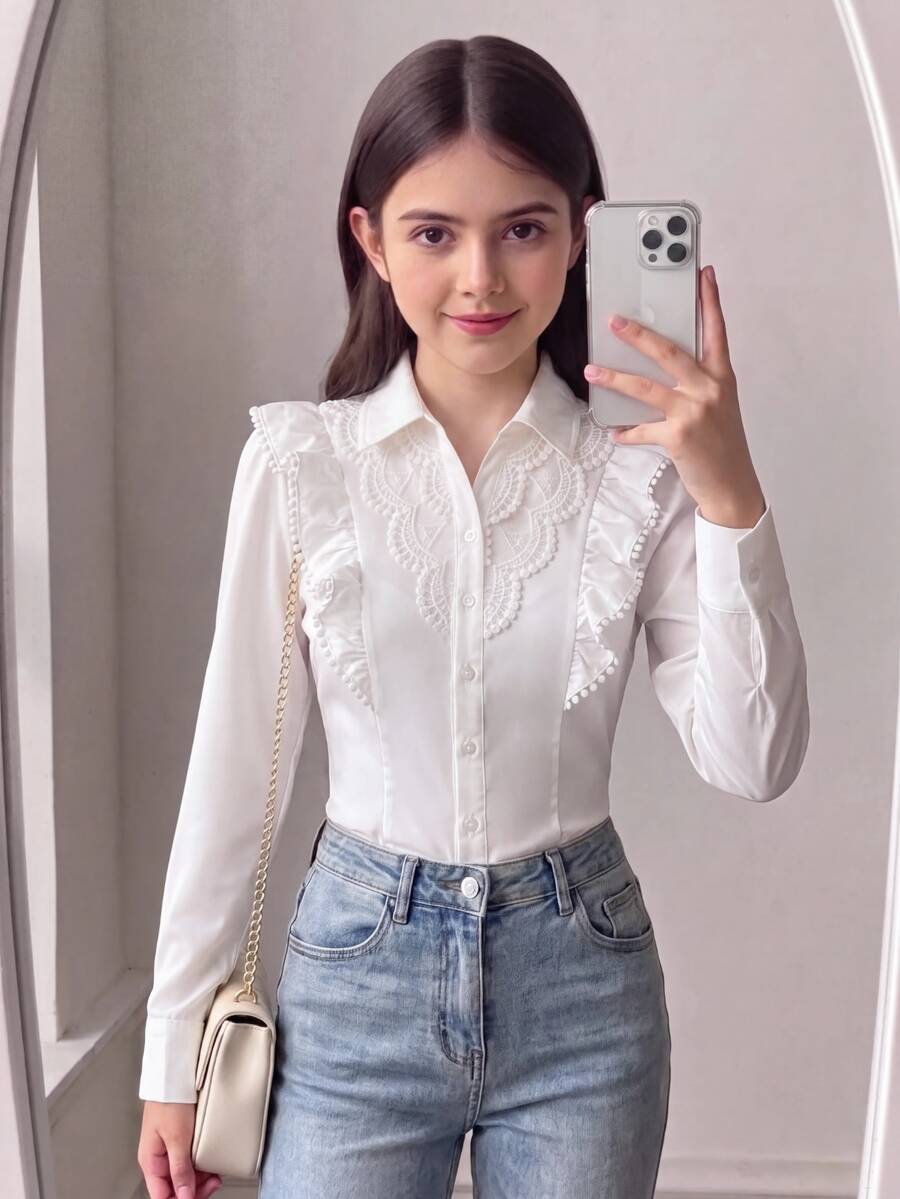 SHEIN Tween Girl Tween Girls White Casual Sweet Lace Patchwork Ruffle Trim Long Sleeve Blouse, Tween Girl Outfit, Back To School Outfit - White - View 1