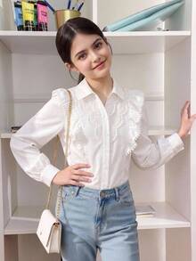SHEIN Tween Girl Tween Girls White Casual Sweet Lace Patchwork Ruffle Trim Long Sleeve Blouse, Tween Girl Outfit, Back To School Outfit - White - View 7