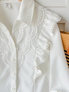 SHEIN Tween Girl Tween Girls White Casual Sweet Lace Patchwork Ruffle Trim Long Sleeve Blouse, Tween Girl Outfit, Back To School Outfit - White - View 5