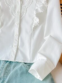 SHEIN Tween Girl Tween Girls White Casual Sweet Lace Patchwork Ruffle Trim Long Sleeve Blouse, Tween Girl Outfit, Back To School Outfit - White - View 4