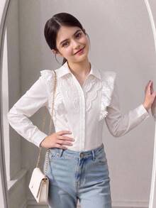 SHEIN Tween Girl Tween Girls White Casual Sweet Lace Patchwork Ruffle Trim Long Sleeve Blouse, Tween Girl Outfit, Back To School Outfit - White - View 6