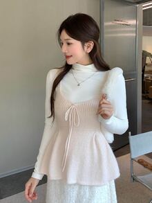 DAZY Atasan Rajut Kasual Romantis Gaya Korea untuk Wanita, Model Kamisol untuk Kencan Musim Gugur dan Sehari-hari, Warna Aprikot - Berwarna merah muda - View 1