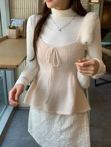 DAZY Atasan Rajut Kasual Romantis Gaya Korea untuk Wanita, Model Kamisol untuk Kencan Musim Gugur dan Sehari-hari, Warna Aprikot - Berwarna merah muda - View 3