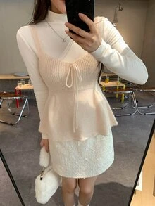 DAZY Atasan Rajut Kasual Romantis Gaya Korea untuk Wanita, Model Kamisol untuk Kencan Musim Gugur dan Sehari-hari, Warna Aprikot - Berwarna merah muda - View 6